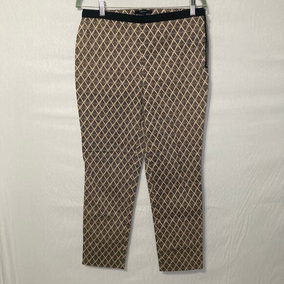 Forever 21 Women L Tan Black Diamond Print Pants Side Zip Stretch Trousers - Picture 1 of 6